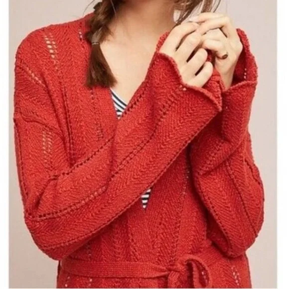 Anthro Meadow Rue Pointelle Chunky Knit Cardigan Sweater, Rust colored, Small - Picture 2 of 10